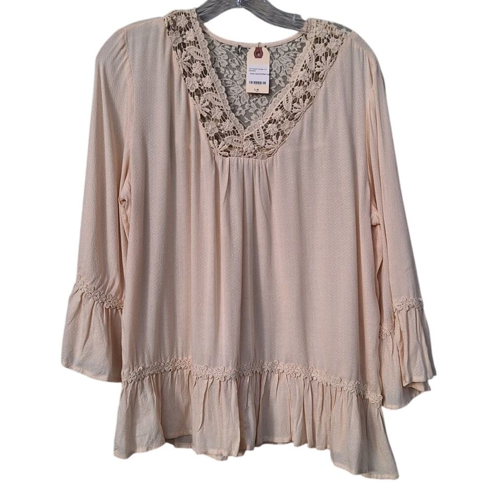 Women's Cottage Crochet Floral Lace textured Ruffle V neck Top Blouse L Beige